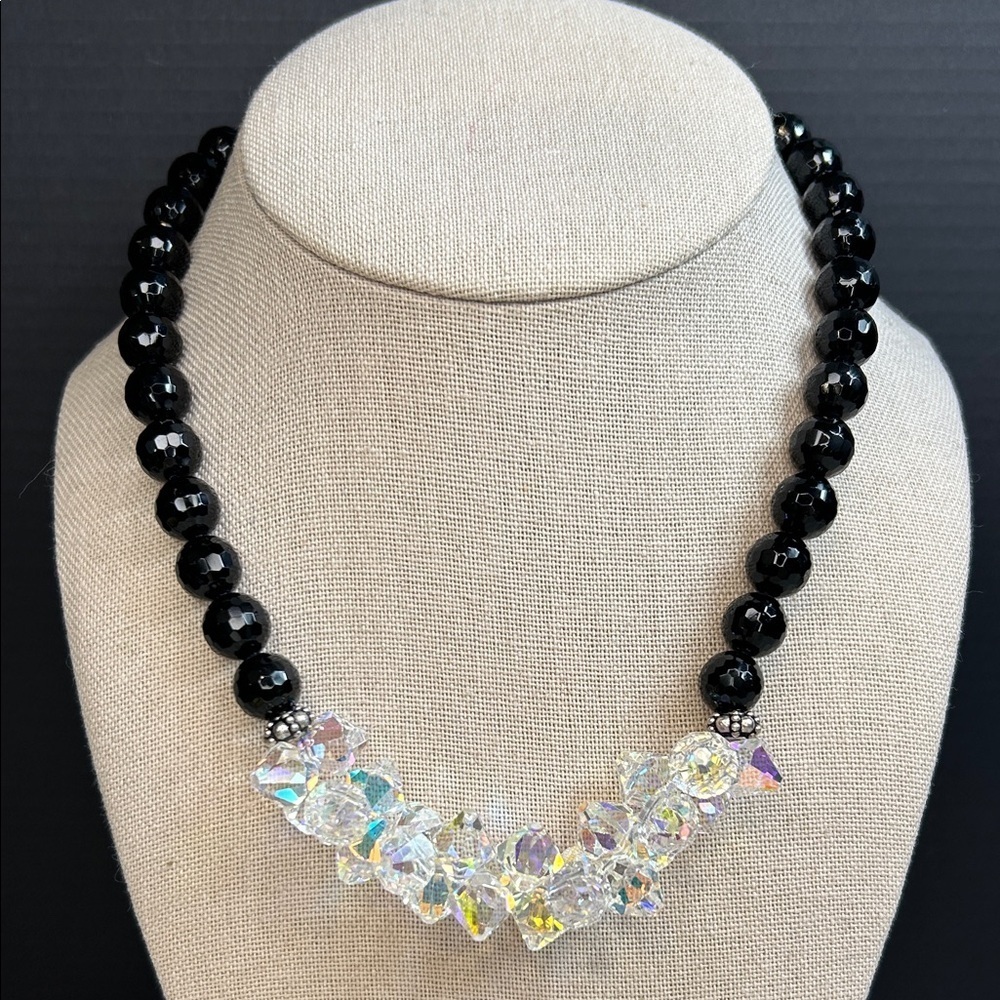 Dazzling Multi-faceted Black Glass and Crystal AB Cluster 925 Sterling Necklace